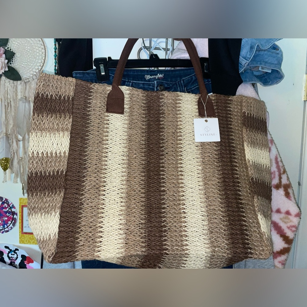 new Neutral Stripe Woven Tote Bag - Brown & Cream